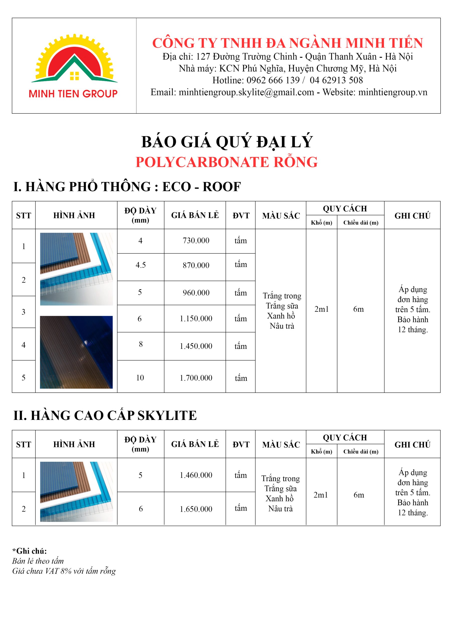 bảng giá tấm lợp lấy sáng
